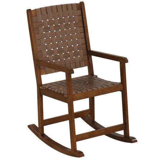Patio Wood Rocking Chair with PU Seat and Rubber Wood Frame-Brown LuxuryLifeWay Online Store