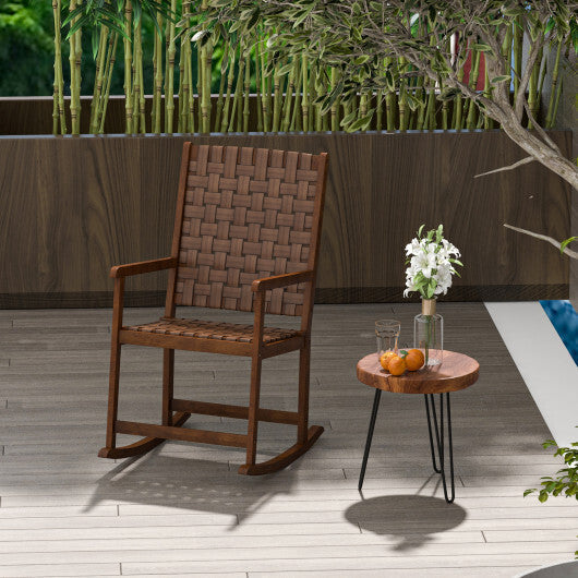 Patio Wood Rocking Chair with PU Seat and Rubber Wood Frame-Brown LuxuryLifeWay Online Store