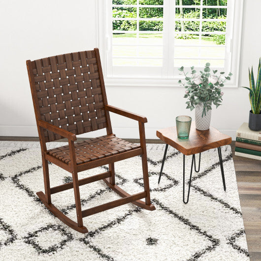 Patio Wood Rocking Chair with PU Seat and Rubber Wood Frame-Brown LuxuryLifeWay Online Store