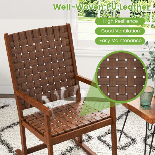 Patio Wood Rocking Chair with PU Seat and Rubber Wood Frame-Brown LuxuryLifeWay Online Store