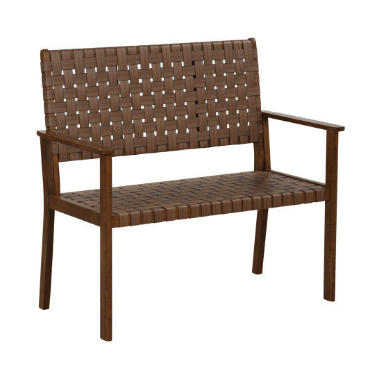 Outdoor All Weather Bench with Solid Rubber Wood Frame and Hand Woven PU Leather-Brown LuxuryLifeWay Online Store