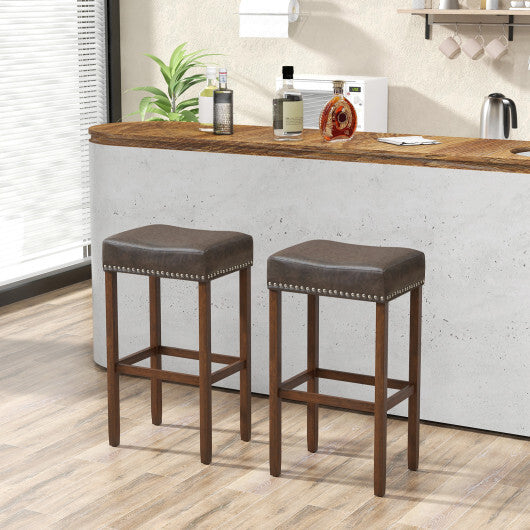 Upholstered Bar Stools Set of 2 with Footrests for Counter-Brown