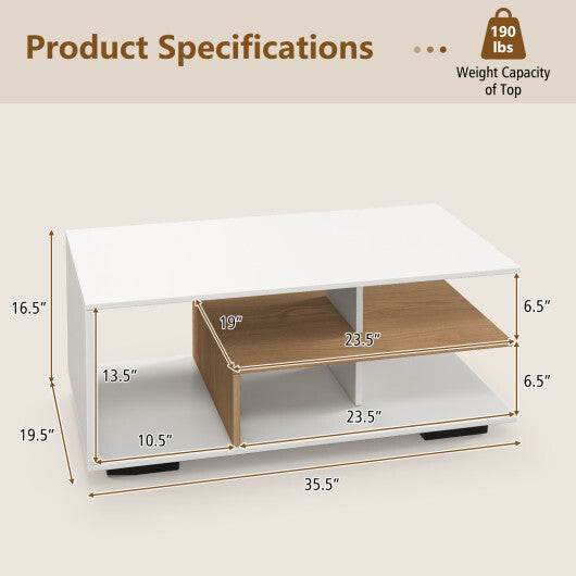Rectangular Coffee Table with L-shaped Middle Shelf-White LuxuryLifeWay Online Store