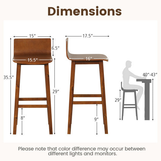 29 Inch Wood Bar Stools Set of 2 with Solid Back and Seat-Walnut LuxuryLifeWay Online Store