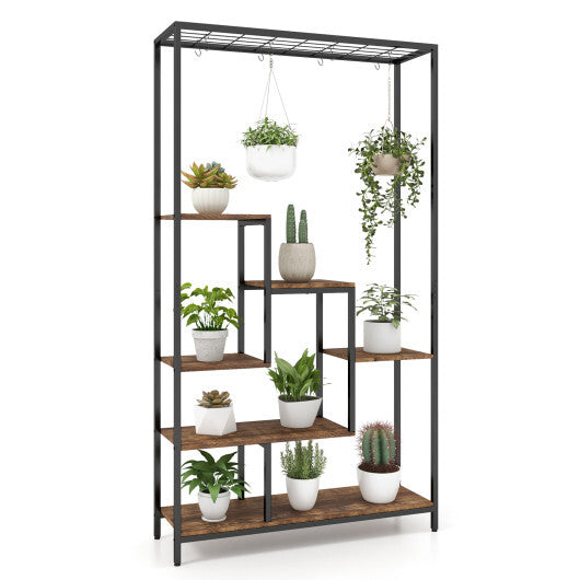 6-Tier Tall Plant Stand 71 Inch Metal Indoor Plant Shelf with 10 Hanging Hooks-Rustic Brown LuxuryLifeWay Online Store
