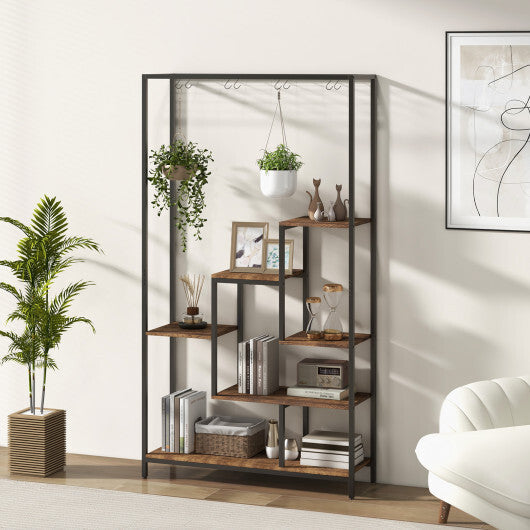 6-Tier Tall Plant Stand 71 Inch Metal Indoor Plant Shelf with 10 Hanging Hooks-Rustic Brown LuxuryLifeWay Online Store