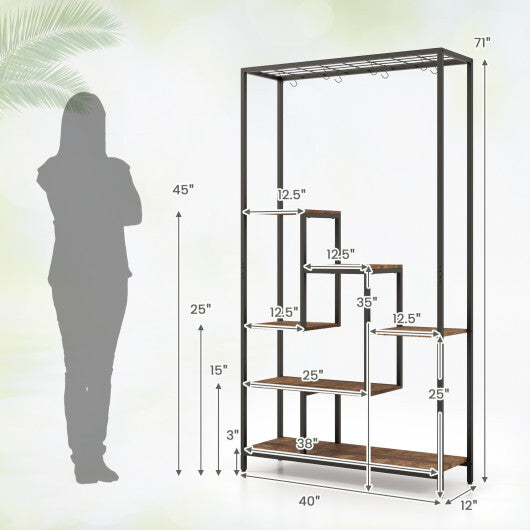 6-Tier Tall Plant Stand 71 Inch Metal Indoor Plant Shelf with 10 Hanging Hooks-Rustic Brown LuxuryLifeWay Online Store