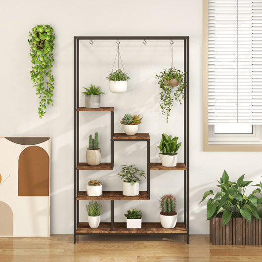 6-Tier Tall Plant Stand 71 Inch Metal Indoor Plant Shelf with 10 Hanging Hooks-Rustic Brown LuxuryLifeWay Online Store