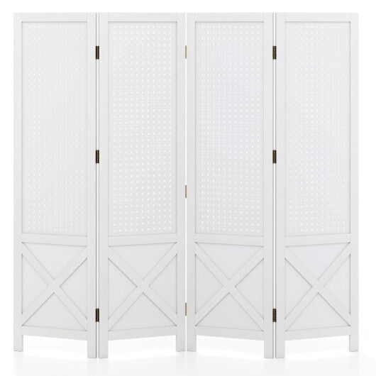 4-Panel Pegboard Display Stand Folding Room Divider with Solid Wood Frame-White LuxuryLifeWay Online Store