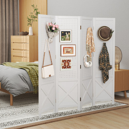 4-Panel Pegboard Display Stand Folding Room Divider with Solid Wood Frame-White LuxuryLifeWay Online Store