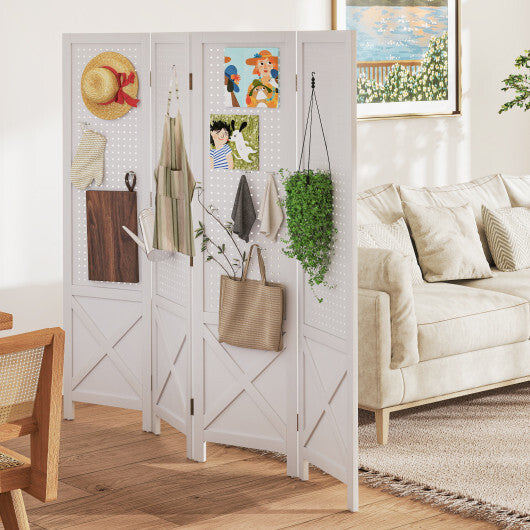 4-Panel Pegboard Display Stand Folding Room Divider with Solid Wood Frame-White LuxuryLifeWay Online Store