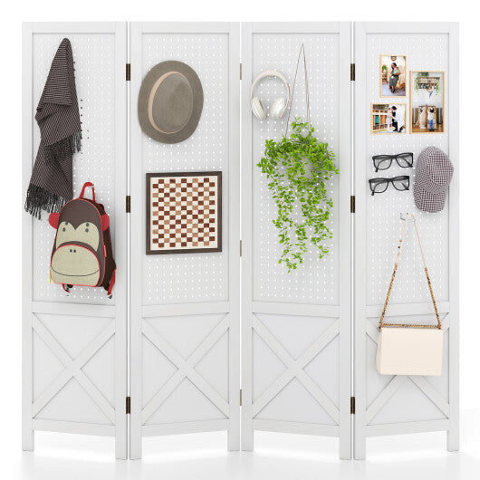 4-Panel Pegboard Display Stand Folding Room Divider with Solid Wood Frame-White LuxuryLifeWay Online Store