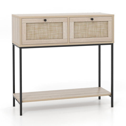 Rattan Console Table Boho Entryway Table with 2 Rattan Drawers and Open Storage Shelf-Oak LuxuryLifeWay Online Store