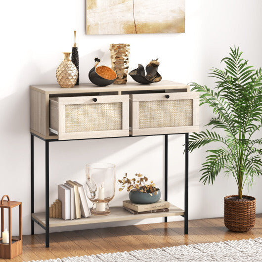 Rattan Console Table Boho Entryway Table with 2 Rattan Drawers and Open Storage Shelf-Oak LuxuryLifeWay Online Store
