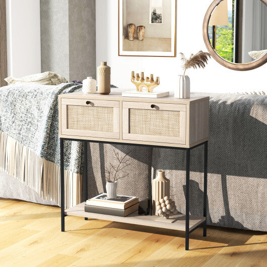 Rattan Console Table Boho Entryway Table with 2 Rattan Drawers and Open Storage Shelf-Oak LuxuryLifeWay Online Store