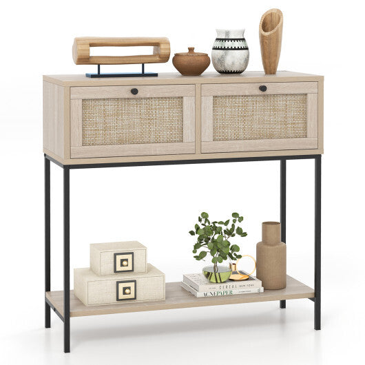 Rattan Console Table Boho Entryway Table with 2 Rattan Drawers and Open Storage Shelf-Oak LuxuryLifeWay Online Store