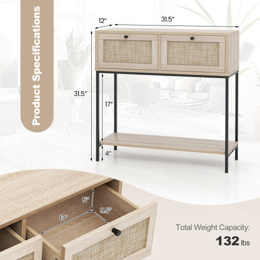 Rattan Console Table Boho Entryway Table with 2 Rattan Drawers and Open Storage Shelf-Oak LuxuryLifeWay Online Store