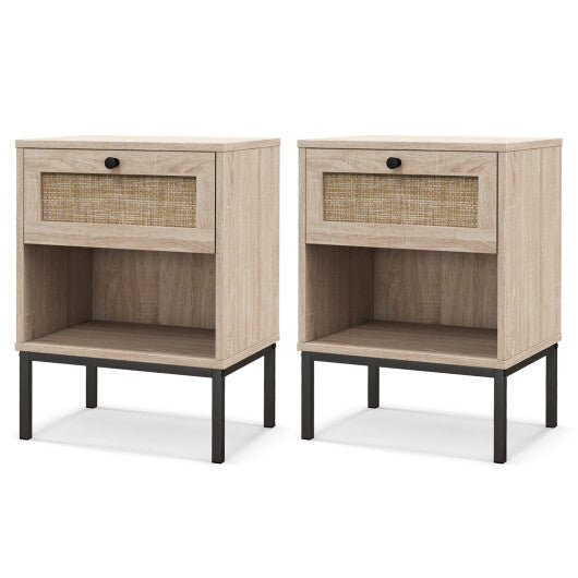Rattan Nightstand Boho End Table with Rattan Drawer and Open Shelf Set of 2-White LuxuryLifeWay Online Store