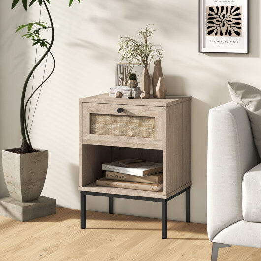 Rattan Nightstand Boho End Table with Rattan Drawer and Open Shelf Set of 2-White LuxuryLifeWay Online Store
