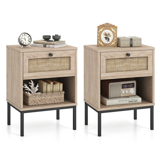 Rattan Nightstand Boho End Table with Rattan Drawer and Open Shelf Set of 2-White LuxuryLifeWay Online Store