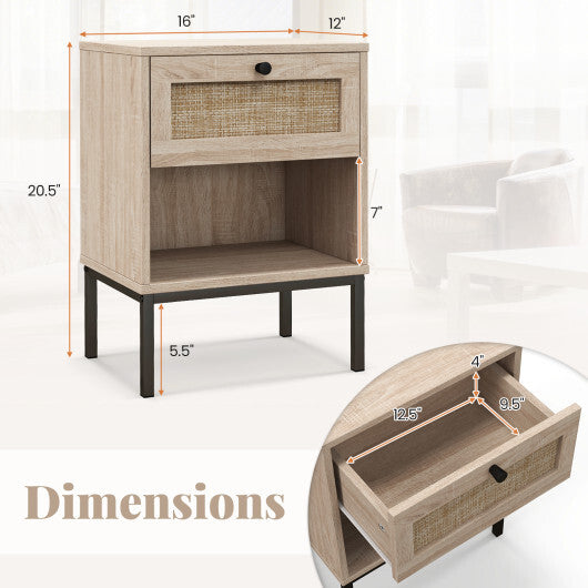 Rattan Nightstand Boho End Table with Rattan Drawer and Open Shelf Set of 2-White LuxuryLifeWay Online Store