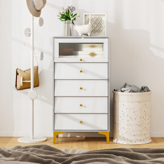4 Drawer Modern Storage Cabinet with Flip Up Fluted Glass Door-Gray and White LuxuryLifeWay Online Store