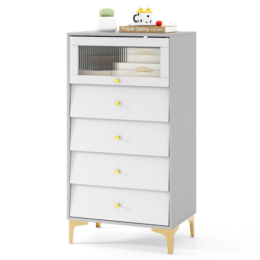 4 Drawer Modern Storage Cabinet with Flip Up Fluted Glass Door-Gray and White LuxuryLifeWay Online Store