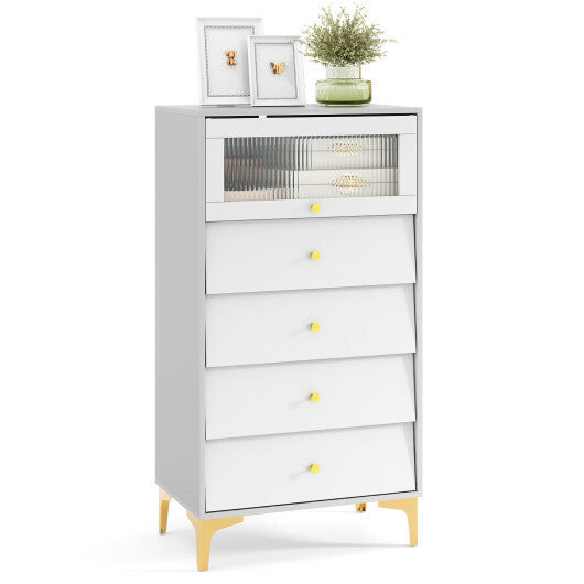 4 Drawer Modern Storage Cabinet with Flip Up Fluted Glass Door-Gray and White LuxuryLifeWay Online Store