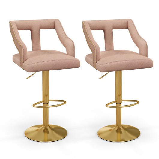 Set of 2 Bar Chairs with Footrest and 2-Layer Electroplated Metal Base-Pink LuxuryLifeWay Online Store