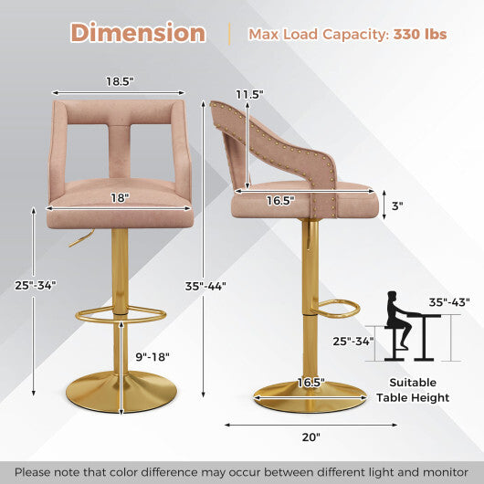 Set of 2 Bar Chairs with Footrest and 2-Layer Electroplated Metal Base-Pink LuxuryLifeWay Online Store