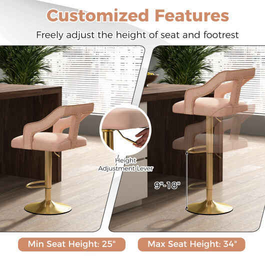 Set of 2 Bar Chairs with Footrest and 2-Layer Electroplated Metal Base-Pink LuxuryLifeWay Online Store