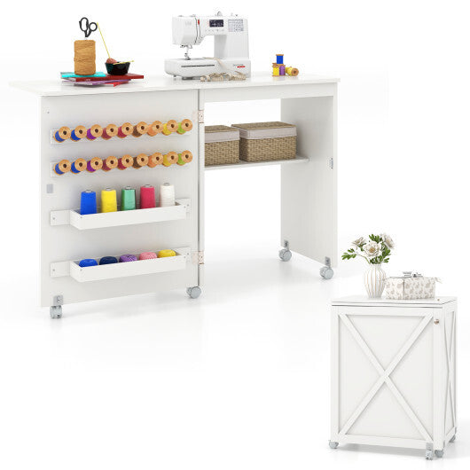 Folding Sewing Table with Storage Shelf and 5 Lockable Wheels-Natural