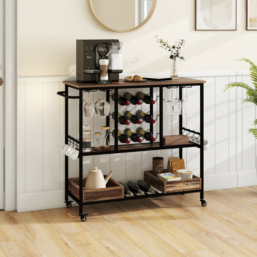3 Tiers Bar Cart on Wheels with Glass Racks-Rustic Brown