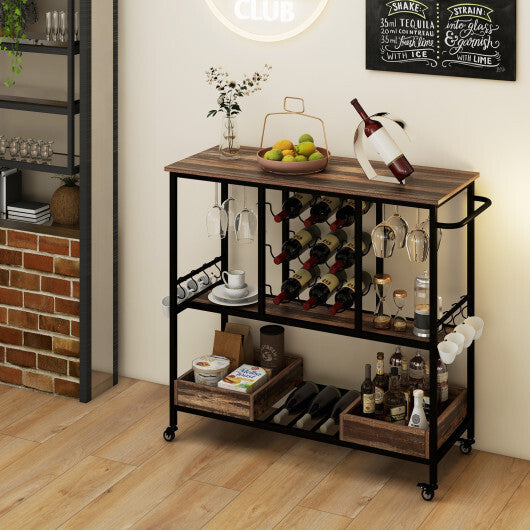 3 Tiers Bar Cart on Wheels with Glass Racks-Rustic Brown