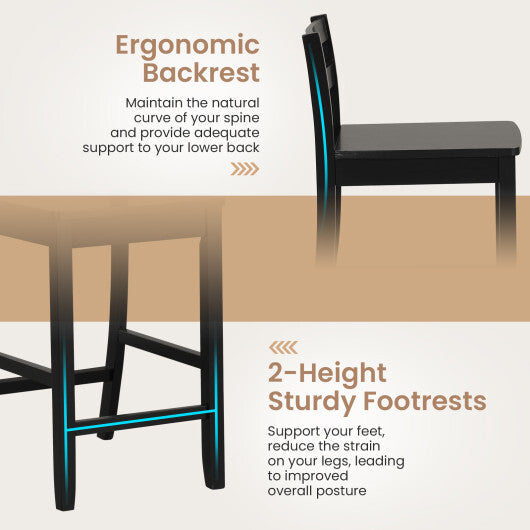 Wooden Bar Stools Set of 2 with Ergonomic Backrest and Footrest-Black