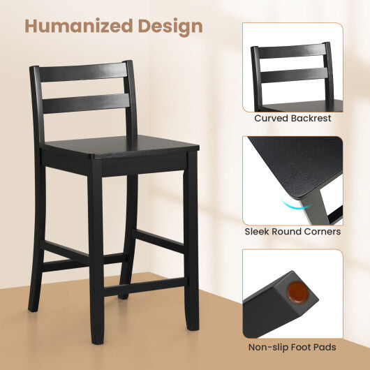 Wooden Bar Stools Set of 2 with Ergonomic Backrest and Footrest-Black