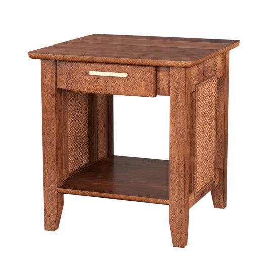Rattan Nightstand End Table with Drawer and Storage Shelf-Walnut LuxuryLifeWay Online Store