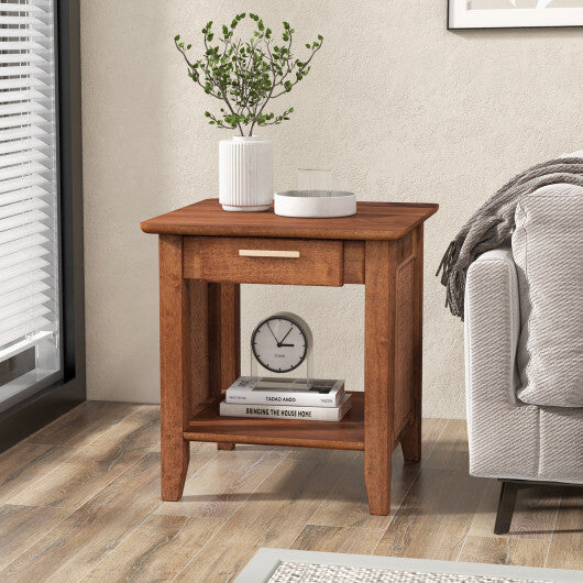Rattan Nightstand End Table with Drawer and Storage Shelf-Walnut LuxuryLifeWay Online Store