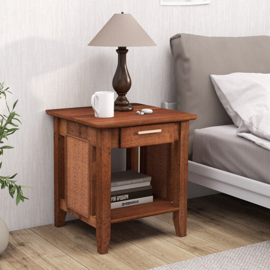 Rattan Nightstand End Table with Drawer and Storage Shelf-Walnut LuxuryLifeWay Online Store
