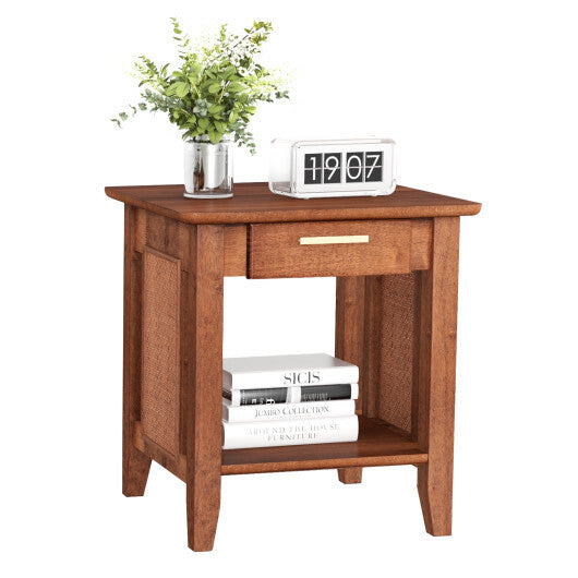 Rattan Nightstand End Table with Drawer and Storage Shelf-Walnut LuxuryLifeWay Online Store