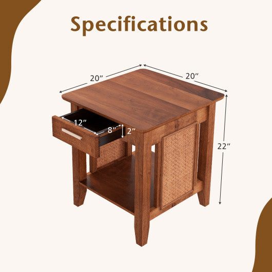 Rattan Nightstand End Table with Drawer and Storage Shelf-Walnut LuxuryLifeWay Online Store