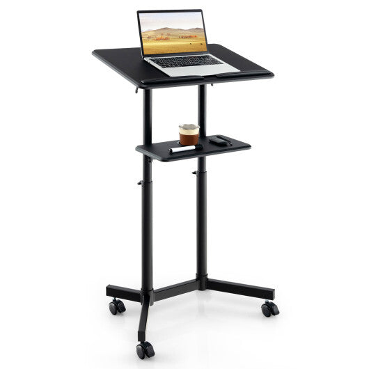 Mobile Lectern Podium Height-adjustable Rolling Laptop Cart with Tilting Top Storage Tray-White