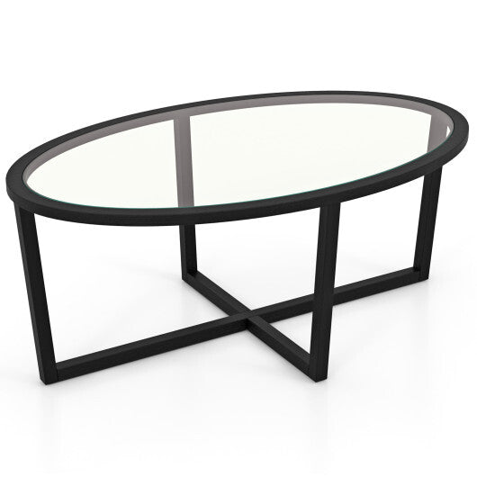 Glass Coffee Table Oval Living Room Table with Cross Base and Acacia Wood Legs-Black LuxuryLifeWay Online Store