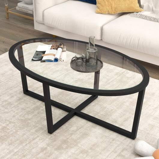 Glass Coffee Table Oval Living Room Table with Cross Base and Acacia Wood Legs-Black LuxuryLifeWay Online Store