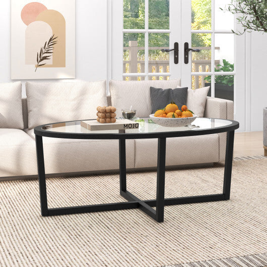 Glass Coffee Table Oval Living Room Table with Cross Base and Acacia Wood Legs-Black LuxuryLifeWay Online Store