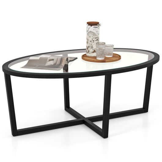 Glass Coffee Table Oval Living Room Table with Cross Base and Acacia Wood Legs-Black LuxuryLifeWay Online Store