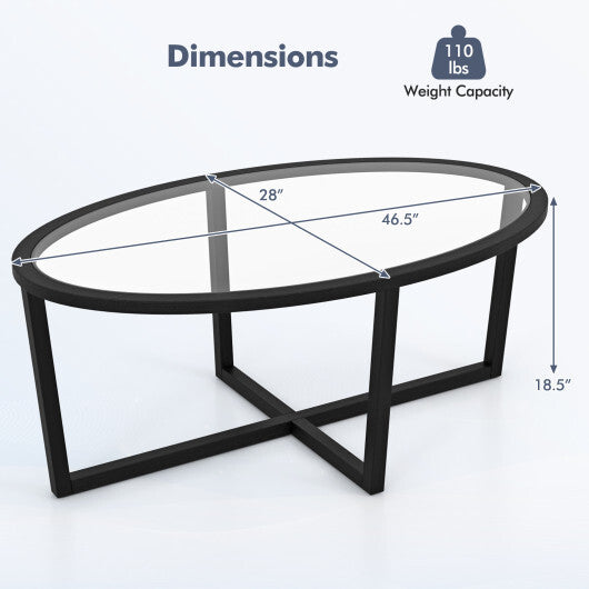 Glass Coffee Table Oval Living Room Table with Cross Base and Acacia Wood Legs-Black LuxuryLifeWay Online Store