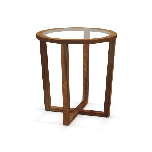 Modern Round End Table Sofa Side Table with Transparent Tempered Glass Top-Brown LuxuryLifeWay Online Store