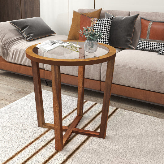 Modern Round End Table Sofa Side Table with Transparent Tempered Glass Top-Brown LuxuryLifeWay Online Store