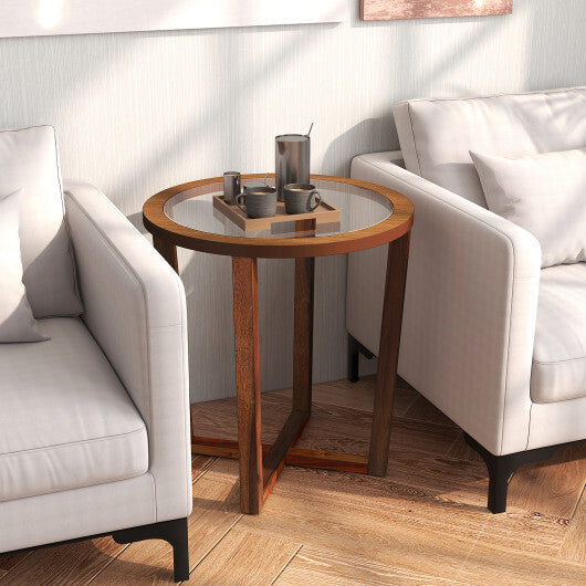 Modern Round End Table Sofa Side Table with Transparent Tempered Glass Top-Brown LuxuryLifeWay Online Store